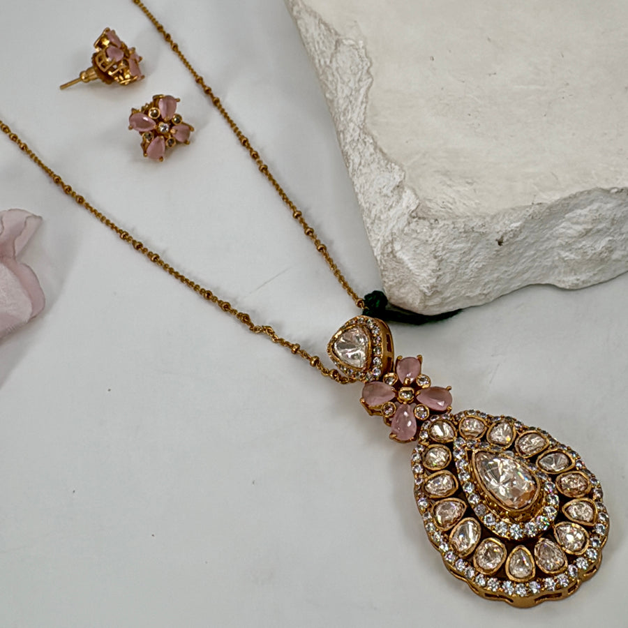 Pink Moissanite Dainty Pendant Necklace Set