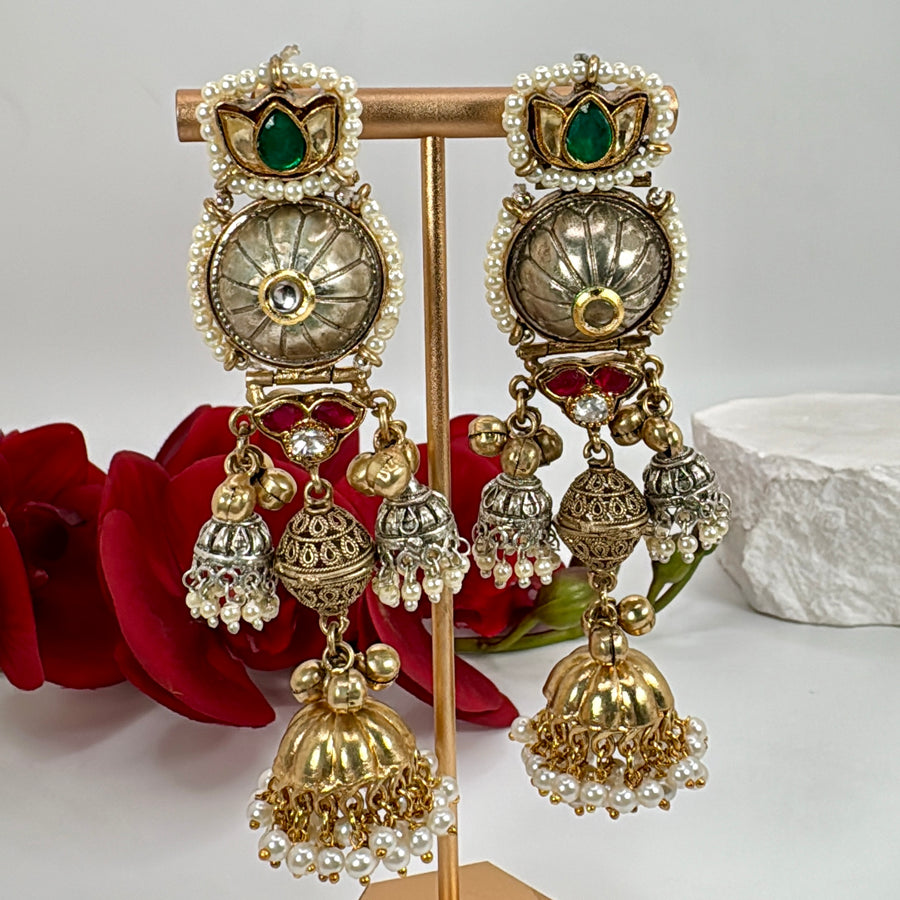 Green Silver Lookalike Dual Tone Earrings With Paachi Motifs ( Approx. Length 3.5 Inches)
