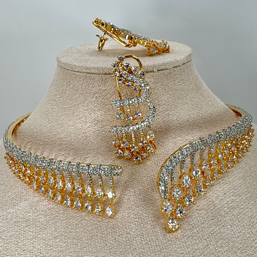 Clear AAA Cut Cubic Zirconia 24 Carat Gold Plated Chic Collar Choker Necklace Set