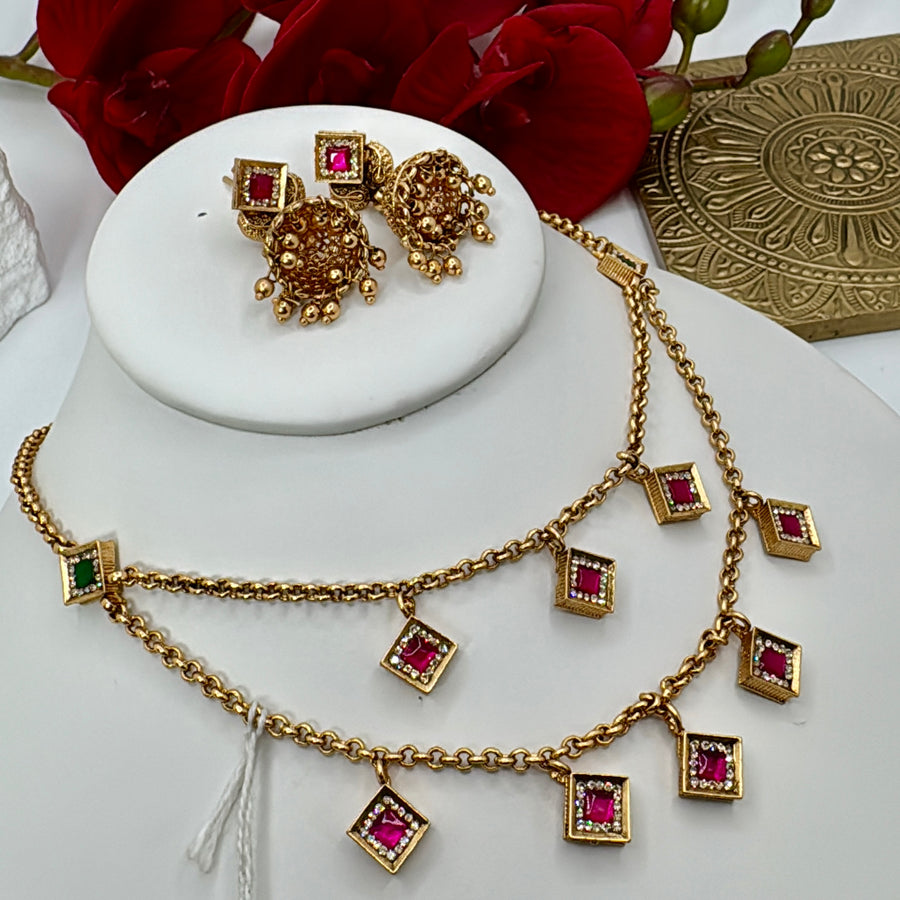Ruby Antique Gold Two Layers Necklace Set