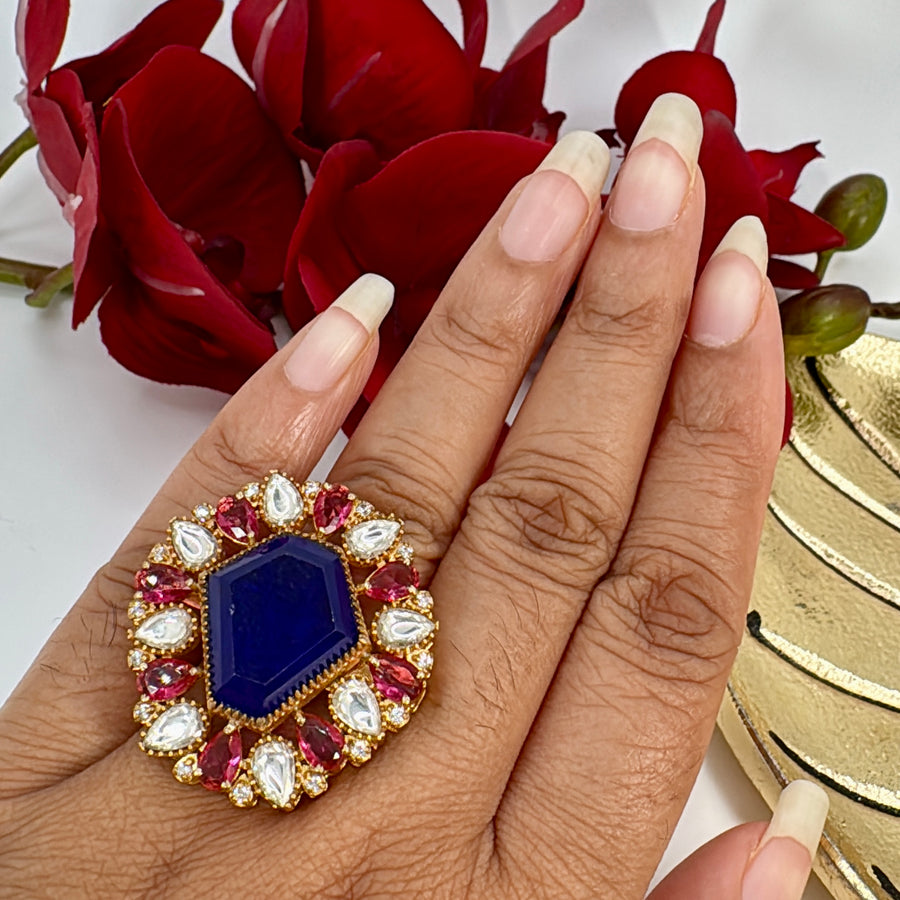 Blue Doublet & Ruby Adjustable Finger Ring