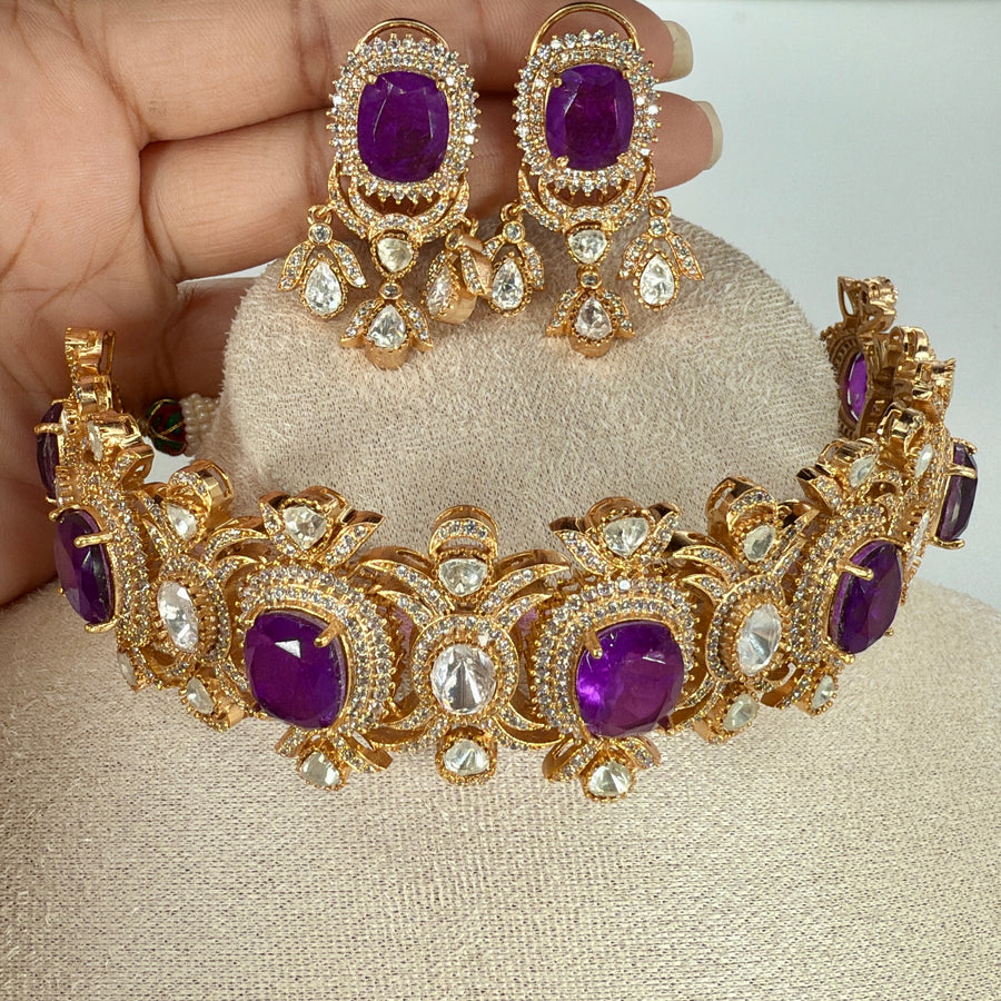Purple Doublet Moissanite Choker Necklace Set