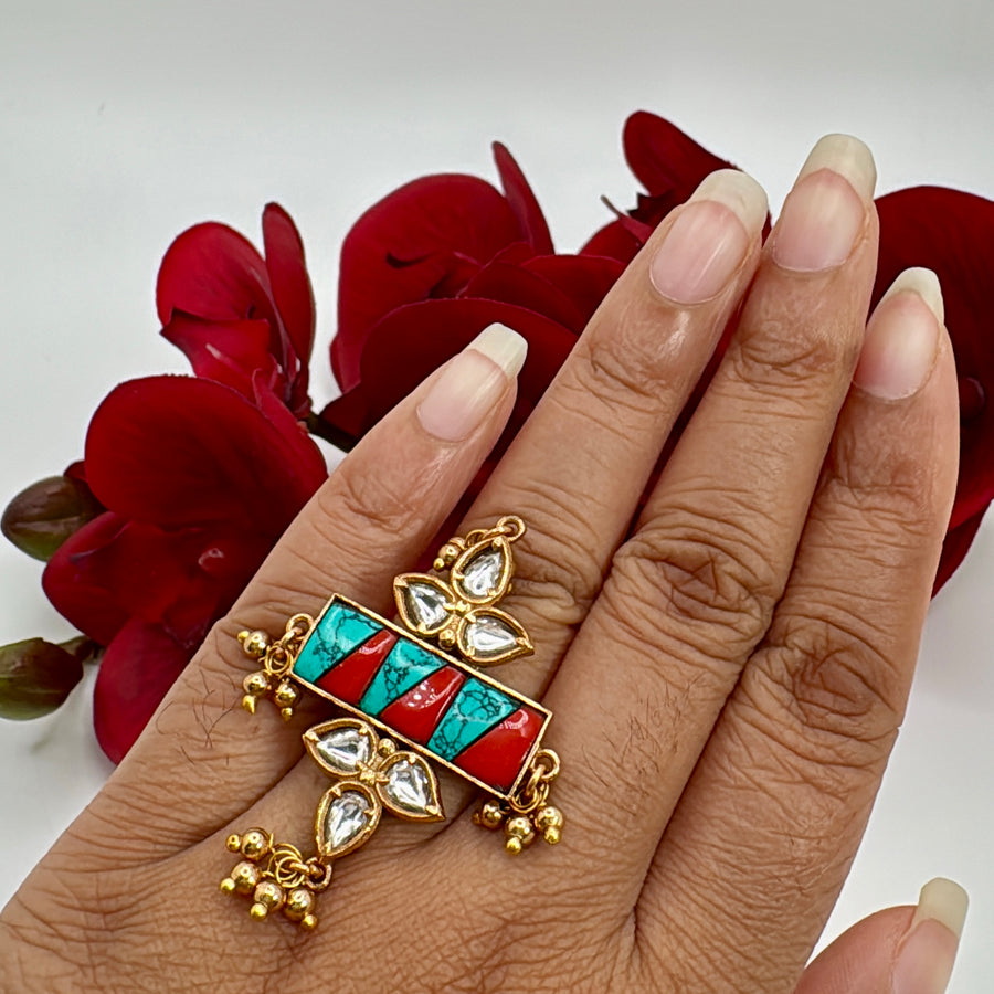 Turquoise Coral Jadau Silver Lookalike Gold Adjustable Finger Ring