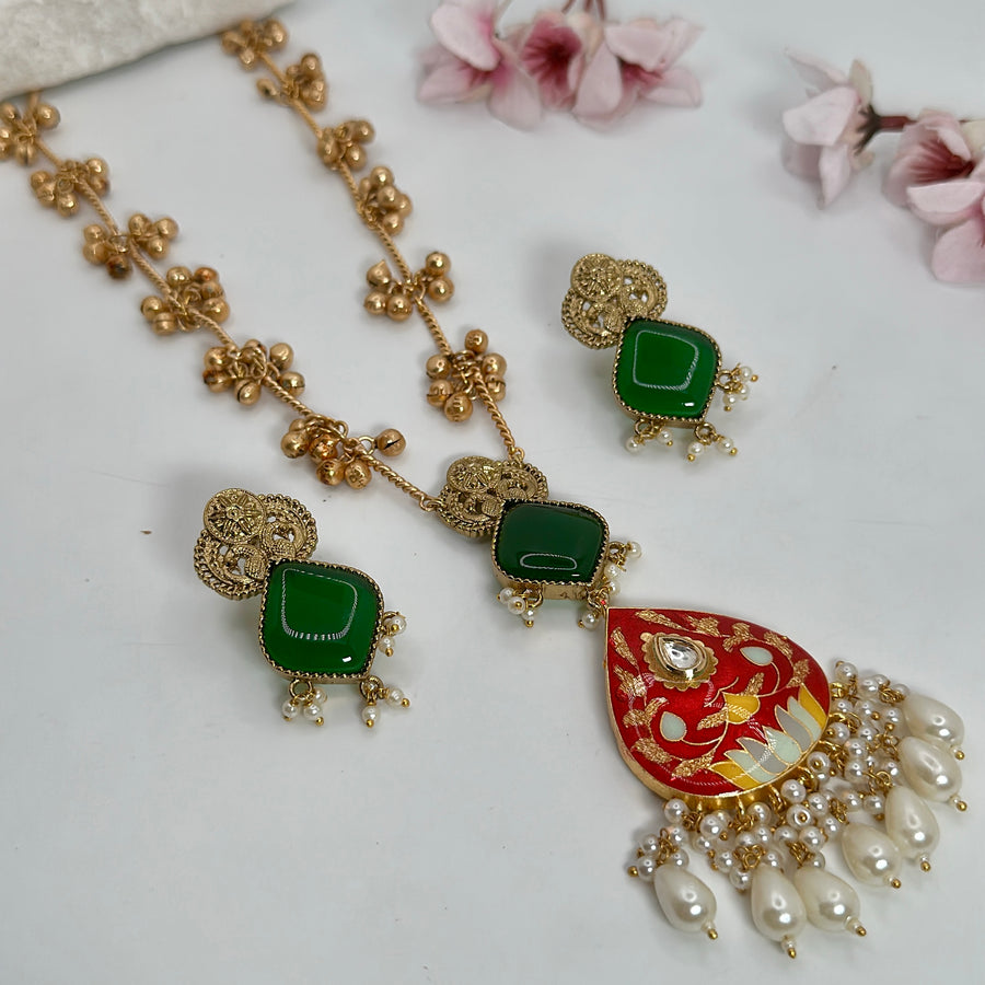 Red Meenakari & Green Ghungroo Necklace Set