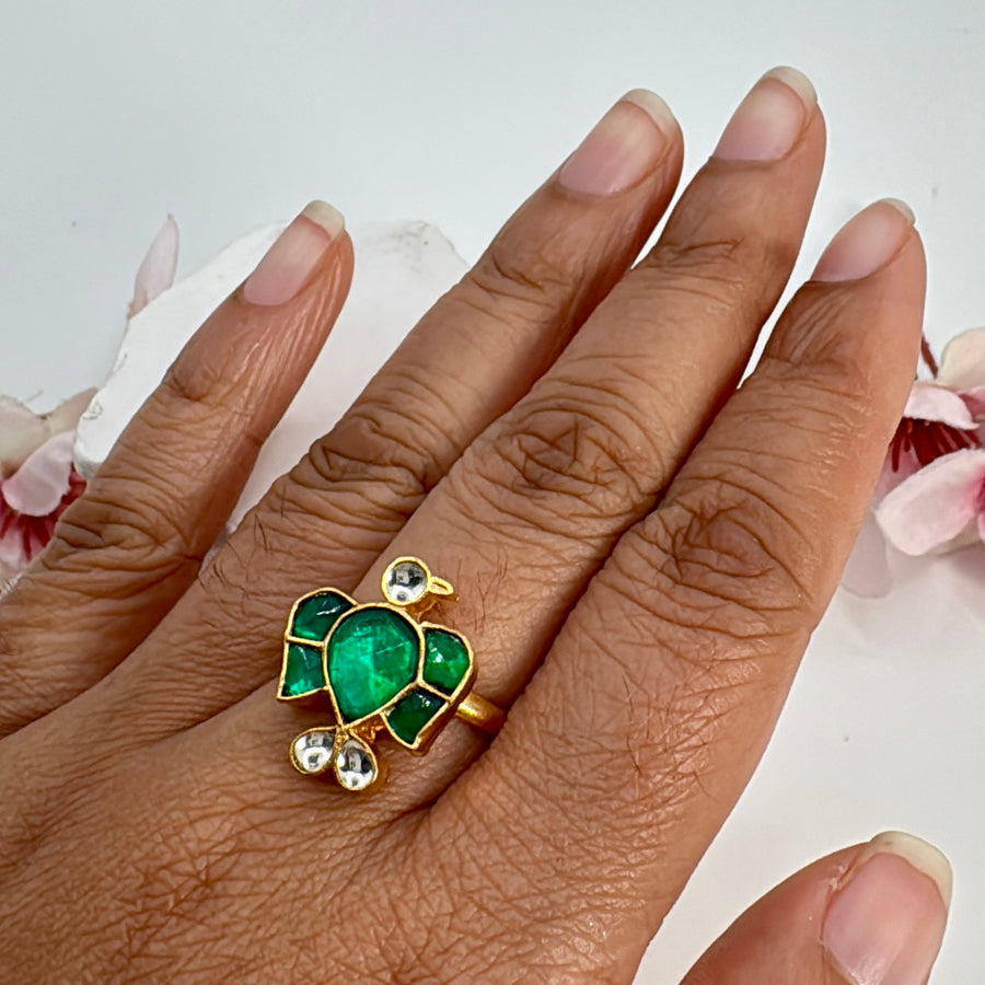 Green Paachi Kundan Dainty Adjustable Finger Ring