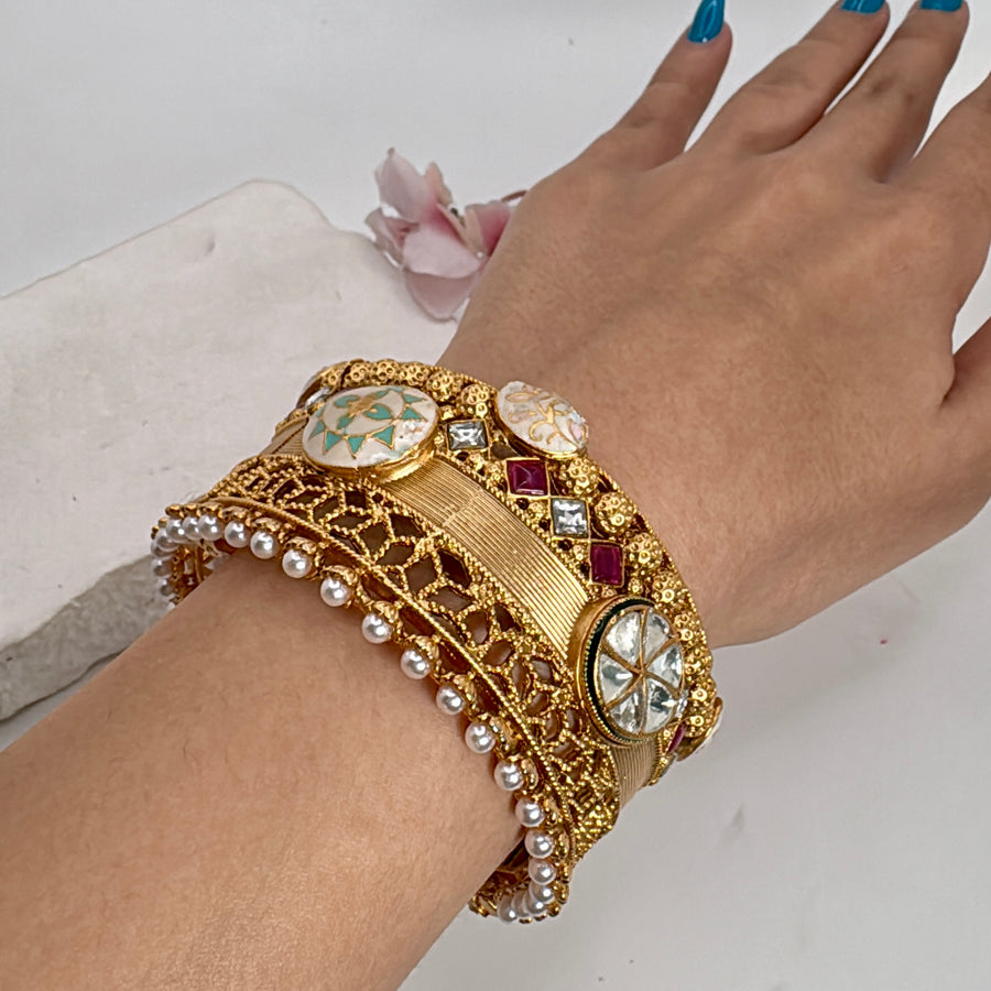 Ruby Antique Gold With Meenakari Statement Openable Bangle(Fits Size 2.4-2.6)