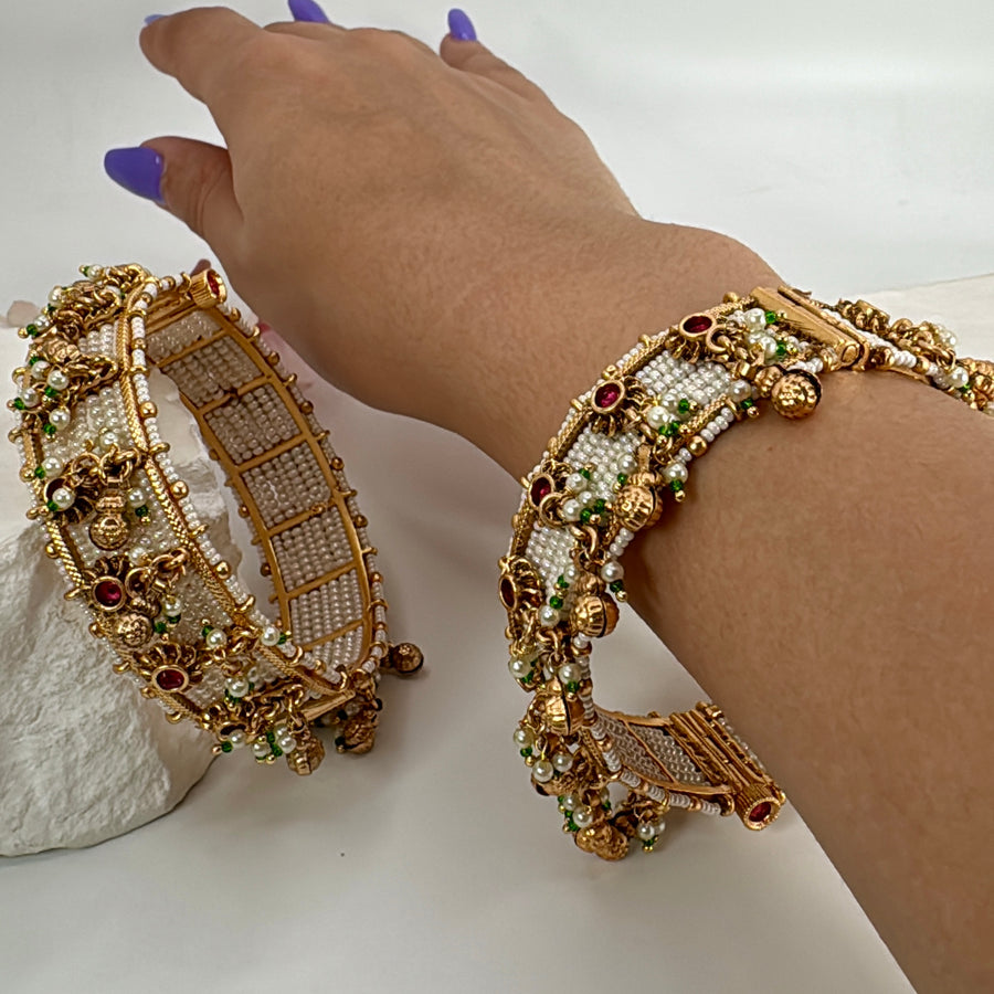 Clear & Ruby Pearl Antique Gold Openable Bangle Pair( Size 2.6)