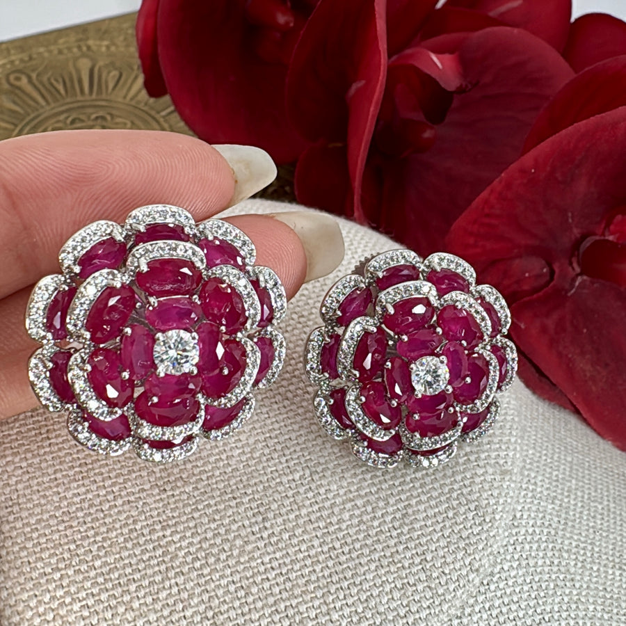 Ruby Cubic Zirconia American Diamonds Flower Stud Earrings