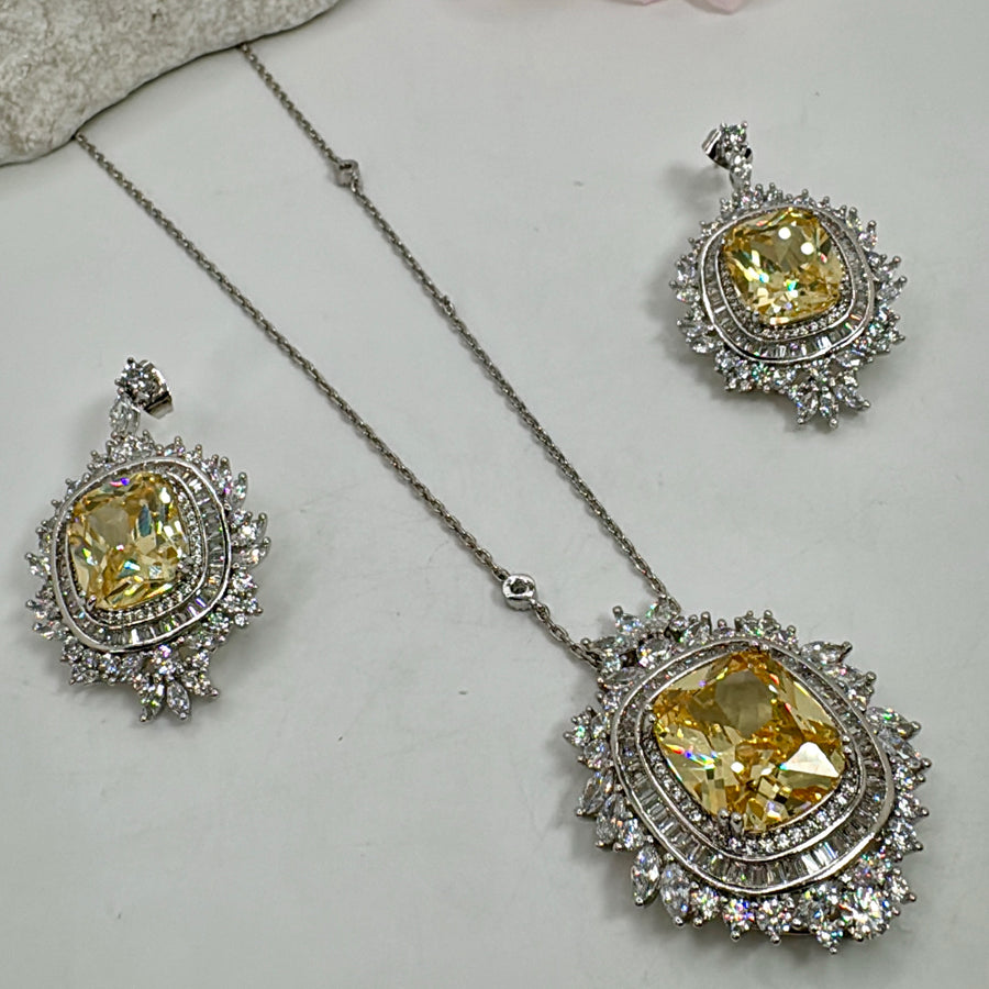 Yellow Italian Cubic Zirconia American Baguette Diamonds Pendant Necklace Set