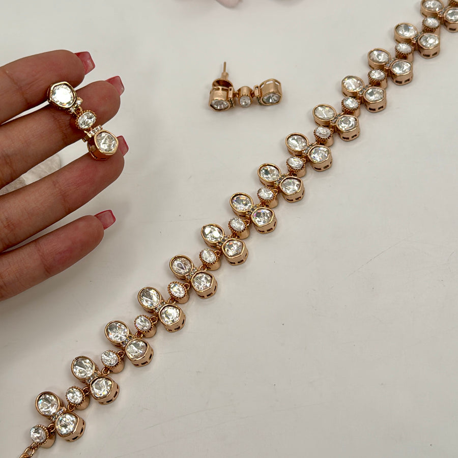 Clear Dainty Moissanite Polki Kundan Choker Necklace Set