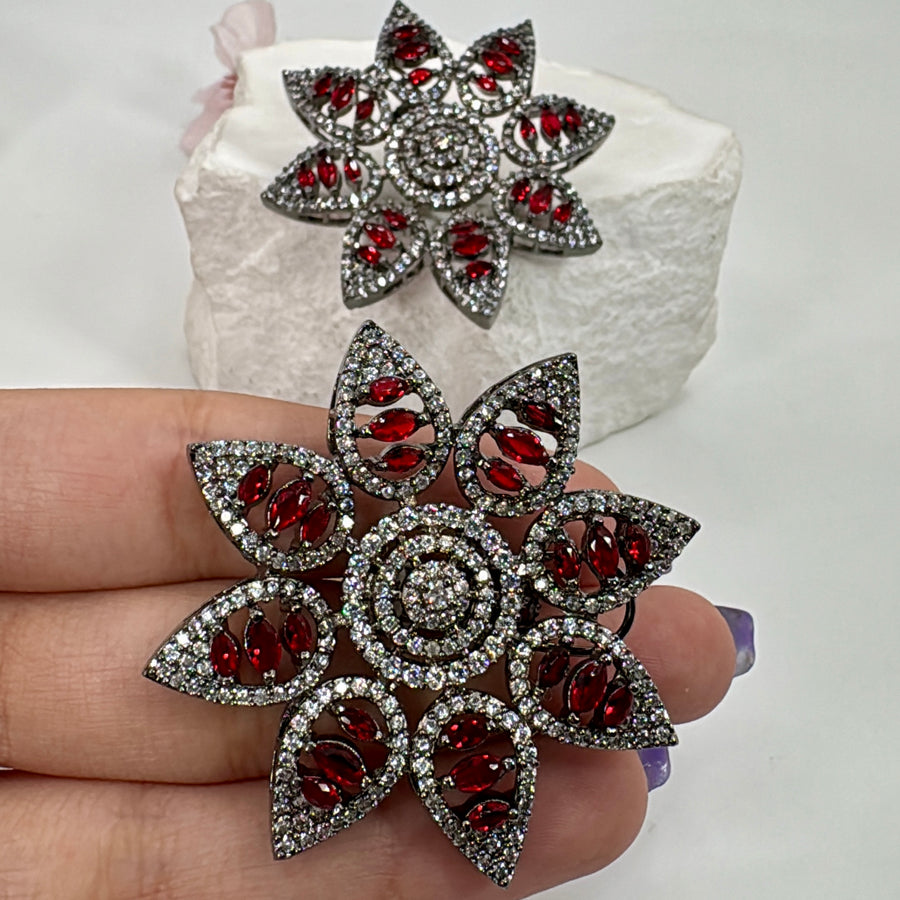 Red American Diamonds Cubic Zirconia Statement Oversized Flower Stud Earrings