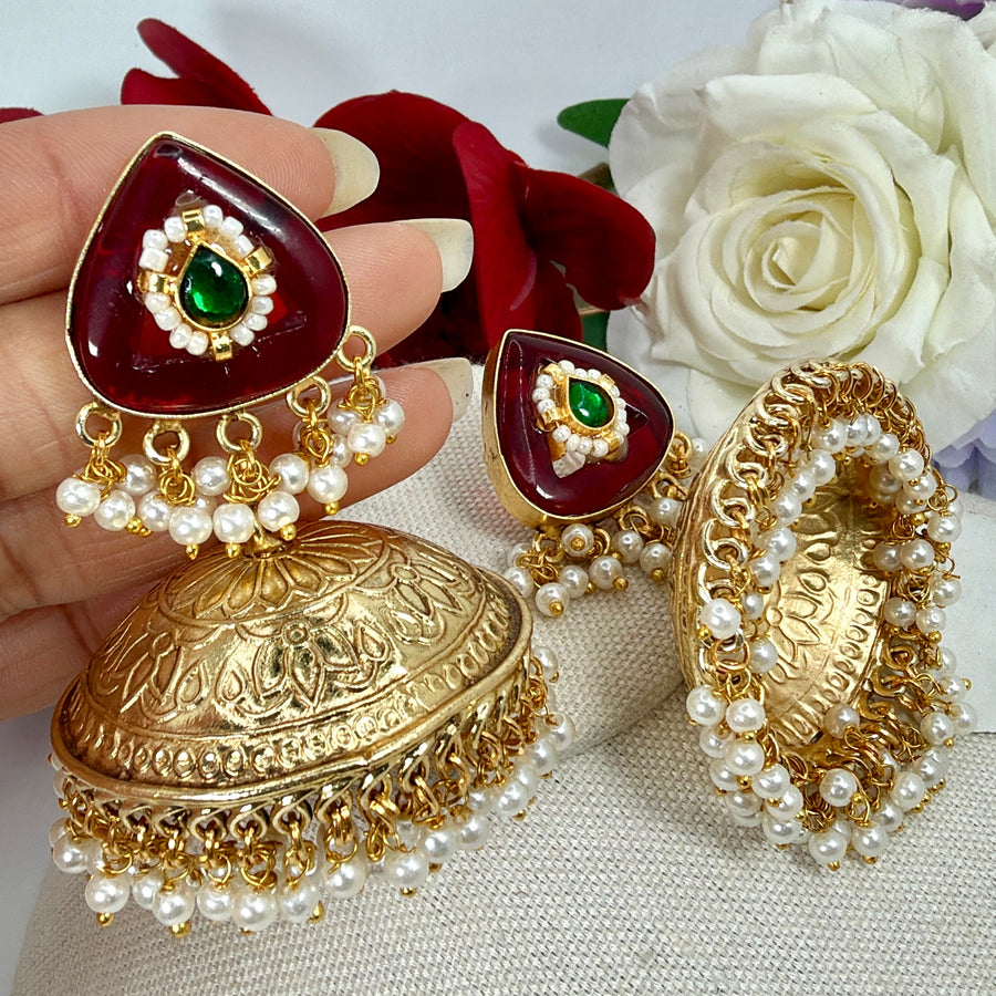 Ruby Silver Lookalike Jhumka Earrings