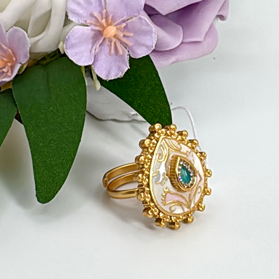Turquoise Ivory Multi Meenakari Kundan Adjustable Finger Ring