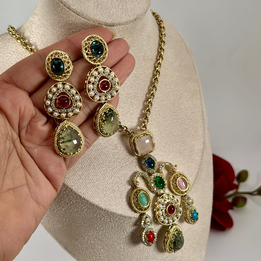 Multi Doublet Sabya Inspired Pendant Necklace Set
