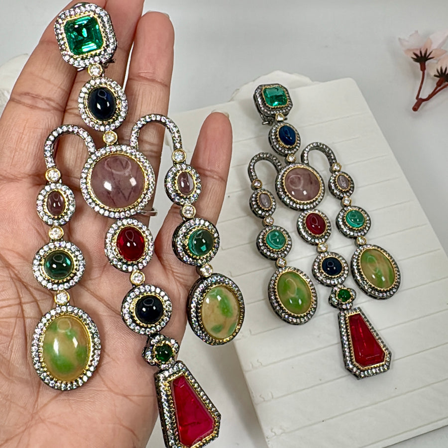 Red Multi Marble Stone Statement Earrings