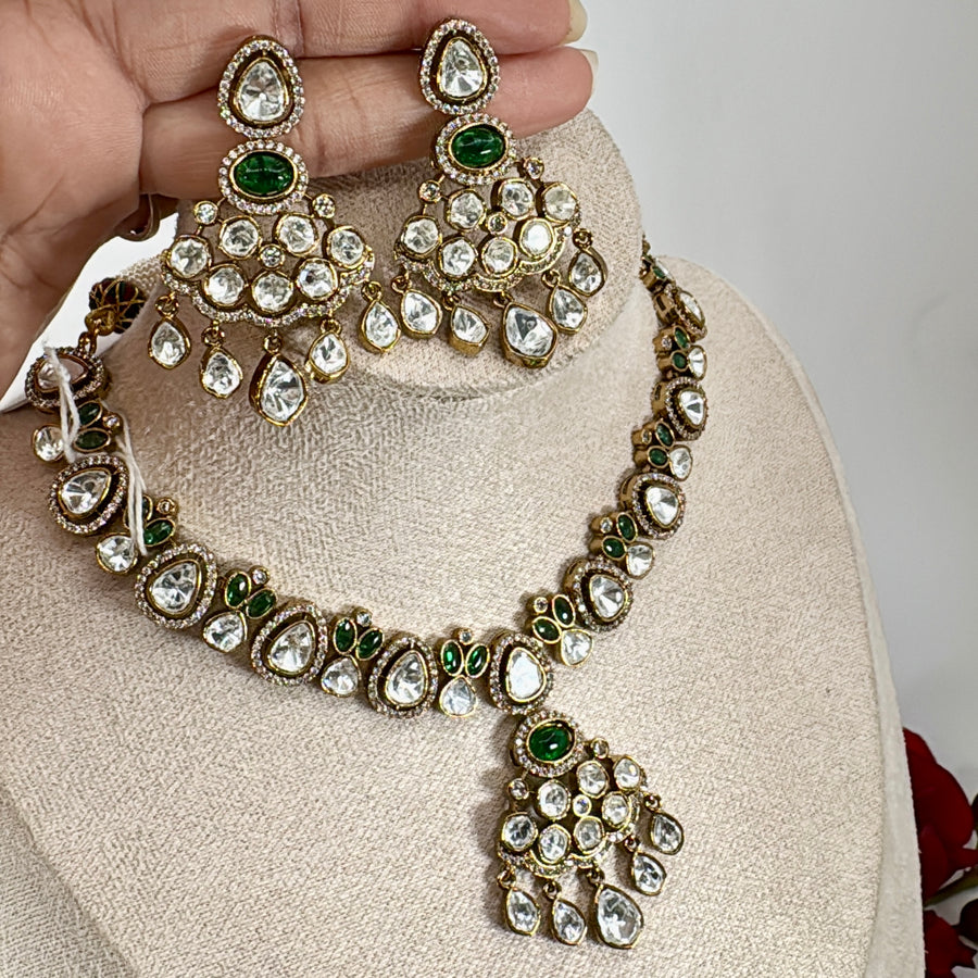 Green Polki Kundan Dainty Necklace Set