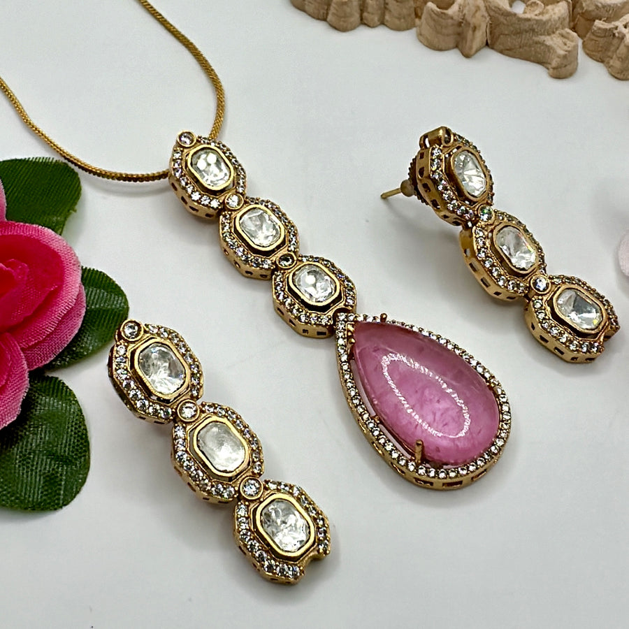 Pink Doublet & Moissanite Pendant set