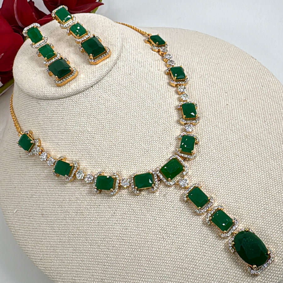 Green AAA Cut Cubic Zirconia 24 Gold Plated Necklace Set Set