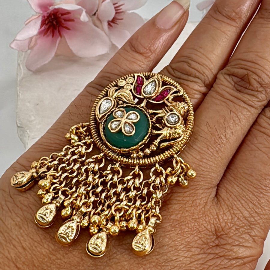 Multi Antique Gold Ghungroo Adjustable Statement Finger Ring