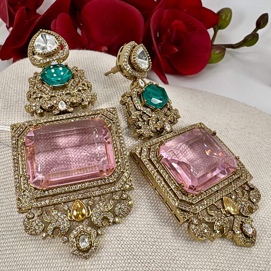 Pink Teal Moissanite Statement Earrings