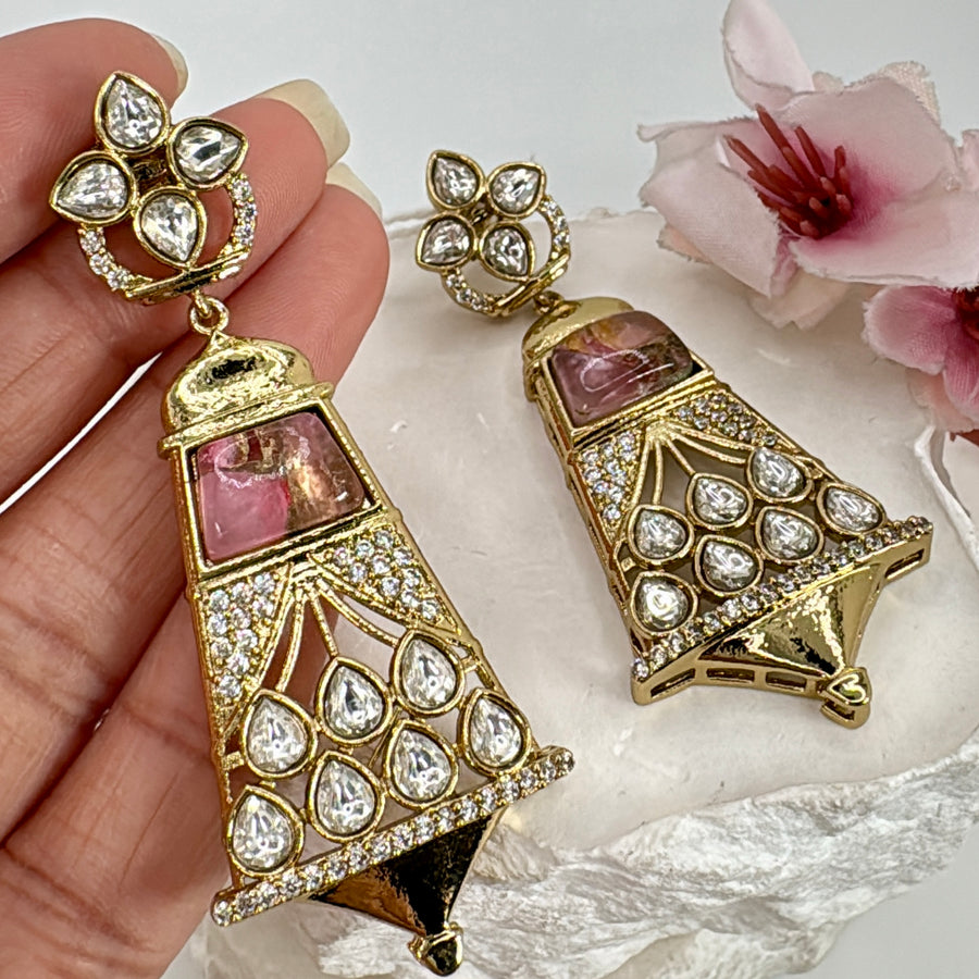 Pink Marble Stone  With Kundan & American Diamonds Earrings