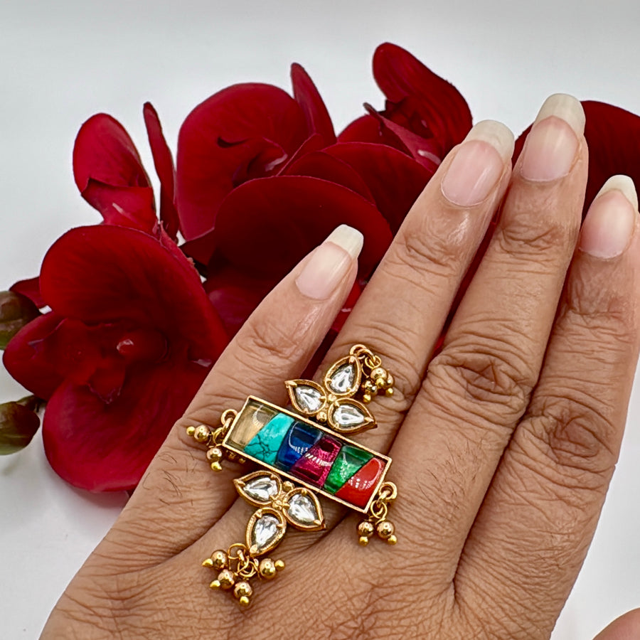 Multi Jadau Silver Lookalike Gold Adjustable Finger Ring
