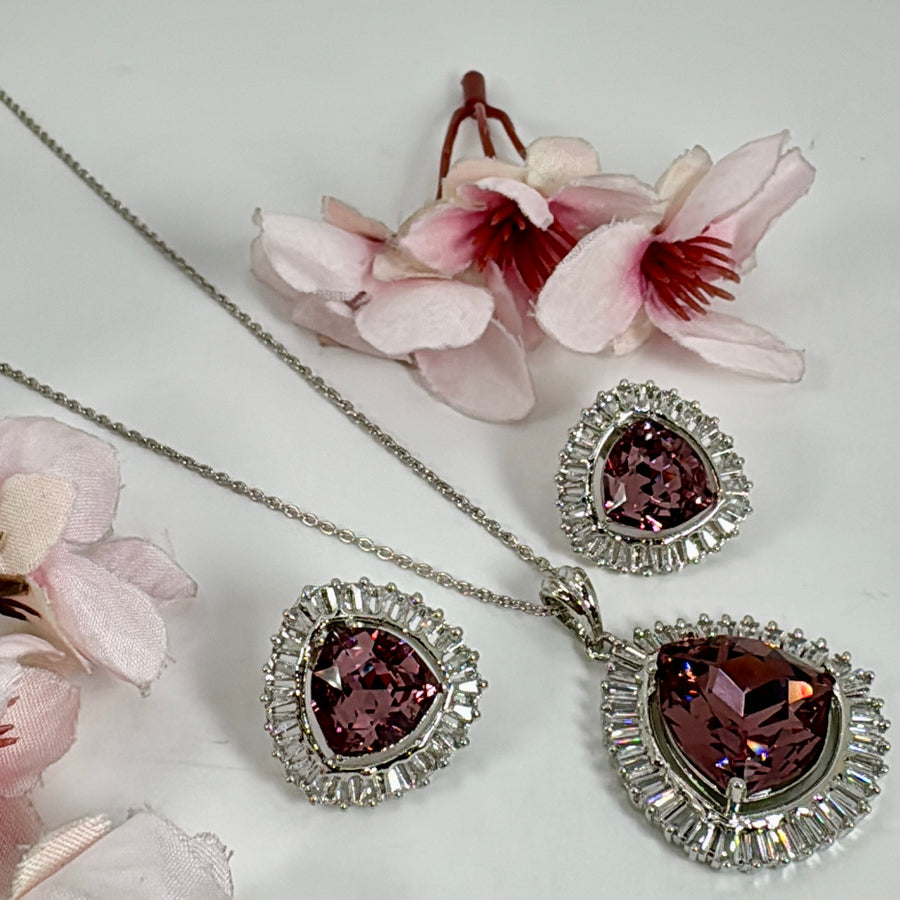 Wine Ruby Swarovski Crystals American Diamonds CZ Pendant Necklace Set
