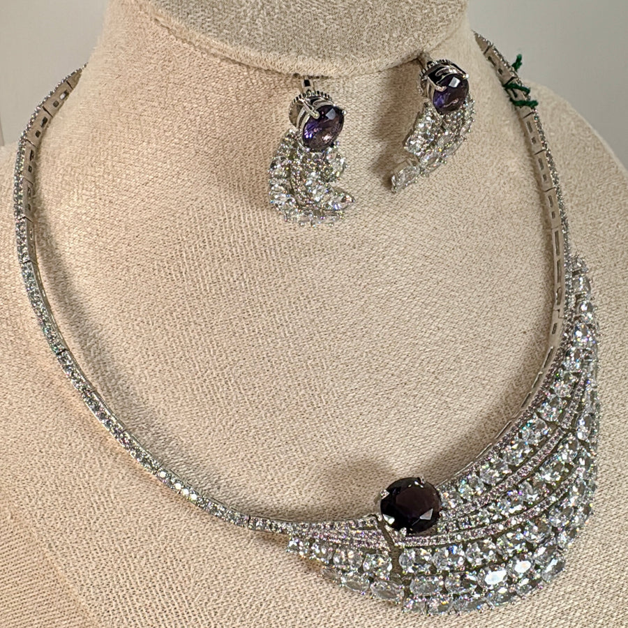 Purple Cubic Zirconia American Diamonds Rhodium Plated Necklace Set