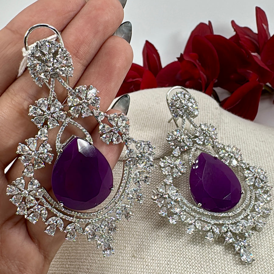Purple Doublet & Cubic Zirconia AAA Cut American Diamonds Statement Earrings (Approx. Length 3 Inches)