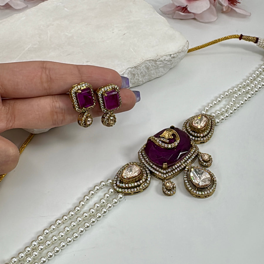 Purple Doublet & Fresh Water Pearls Choker Necklace Set
