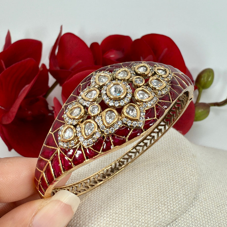 Ruby Jadau Moissanite Adjustable Bangle(Fits Size 2.2 to 2.6)