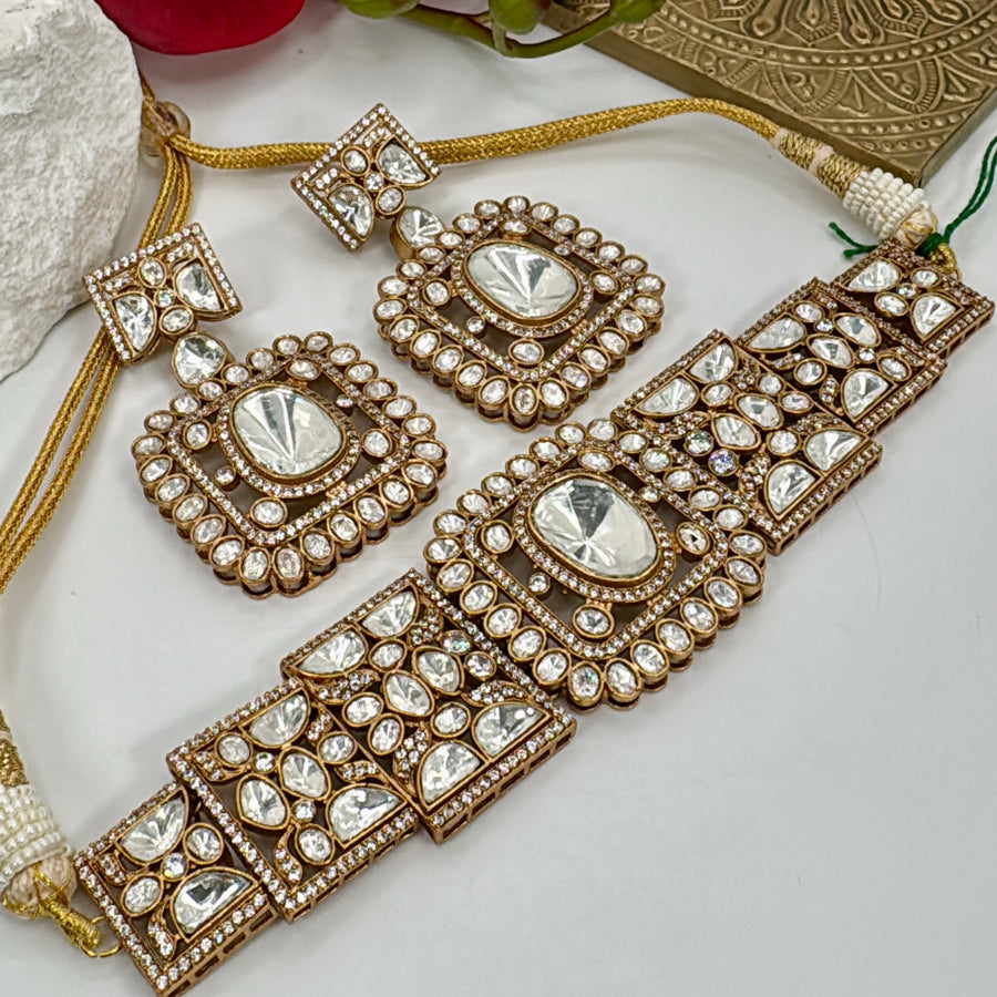 Clear Moissanite Kundan Chic Choker Necklace Set