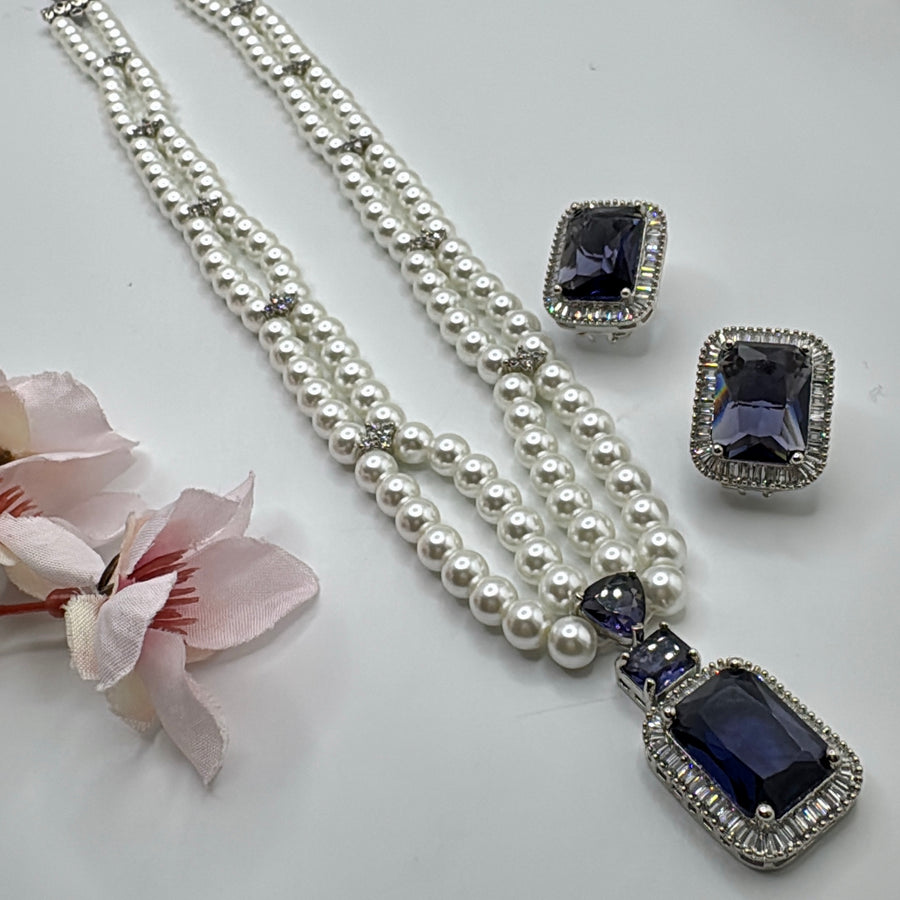 Purple Two Layer Pearl Pendant Necklace Set