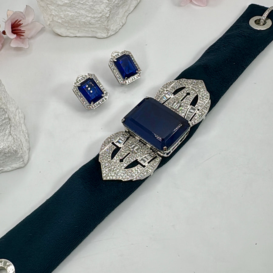 Blue Doublet American Diamonds Cubic Zirconia Velvet Choker Necklace Set