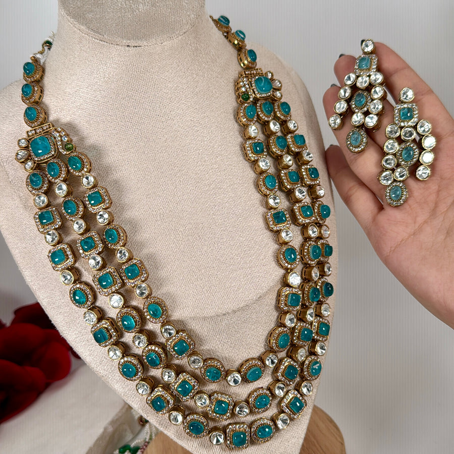 Turquoise Doublet Moissanite Three Layer Necklace Set