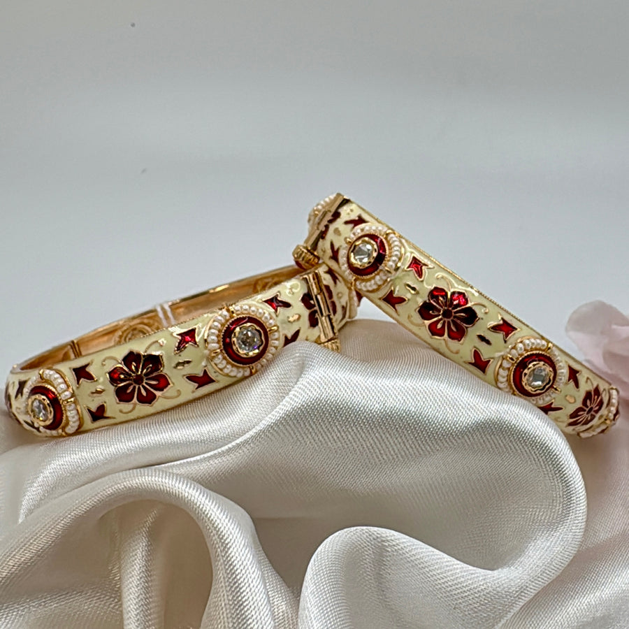 Ivory & Maroon Red Meenakari & Kundan Openable Bangle Pair(Size 2.6)