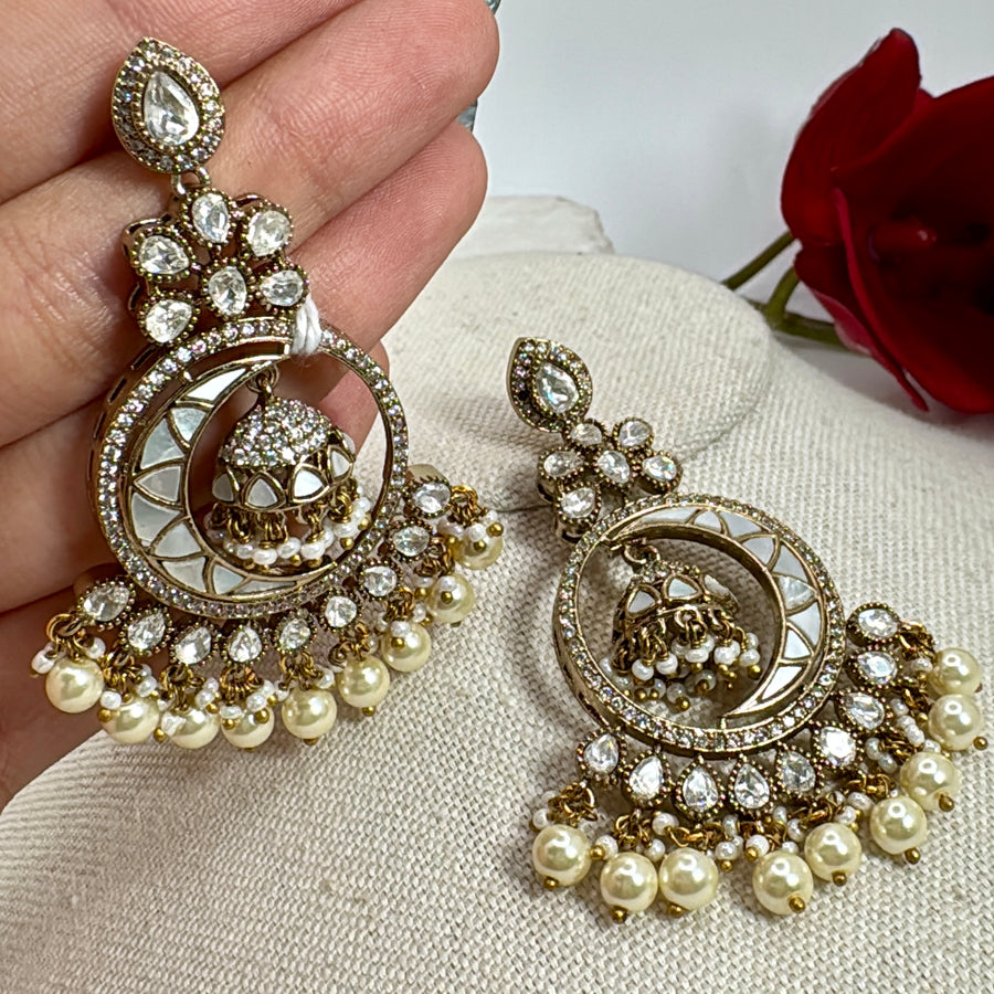 Clear MOP Jadau Moissanite Chand Bali Earrings