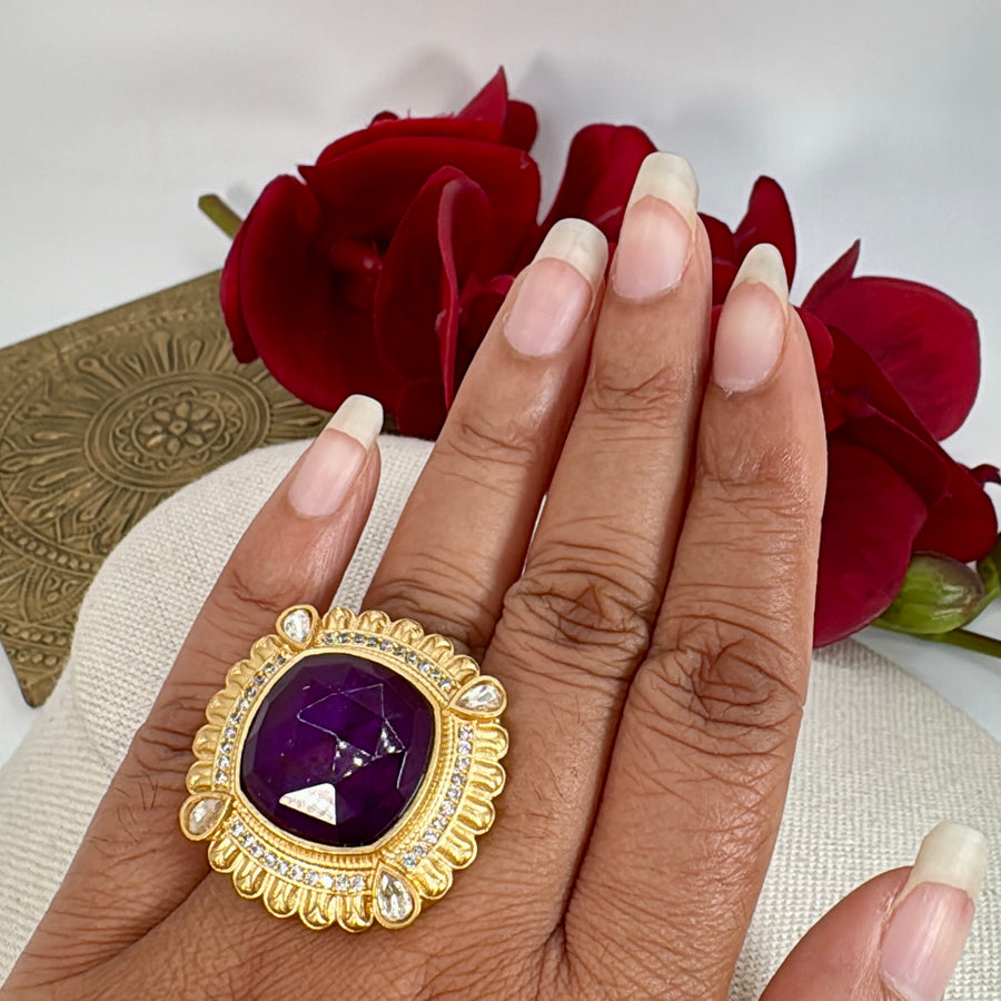 Purple Doublet Moissanite Adjustable Finger Ring