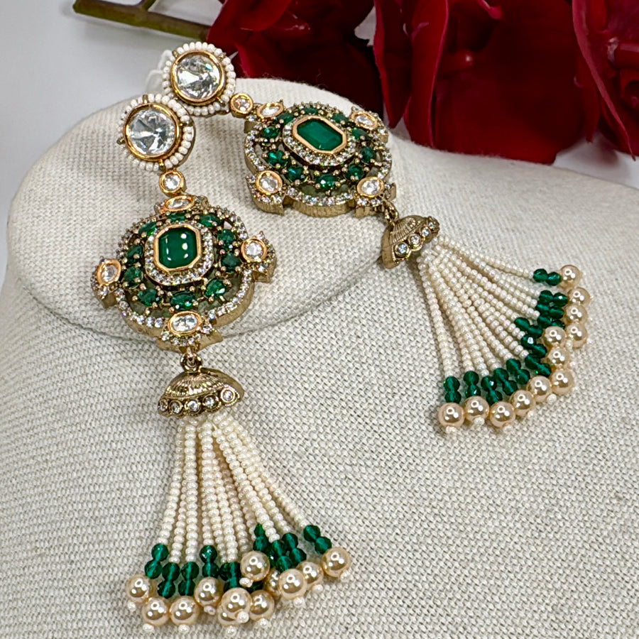 Green Doublet Pearls Tassle Earrings