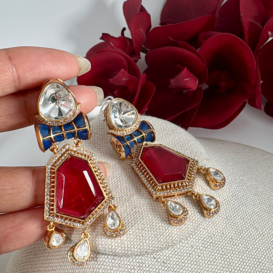 Ruby Doublet & Blue Jadau Moissanite Earrings