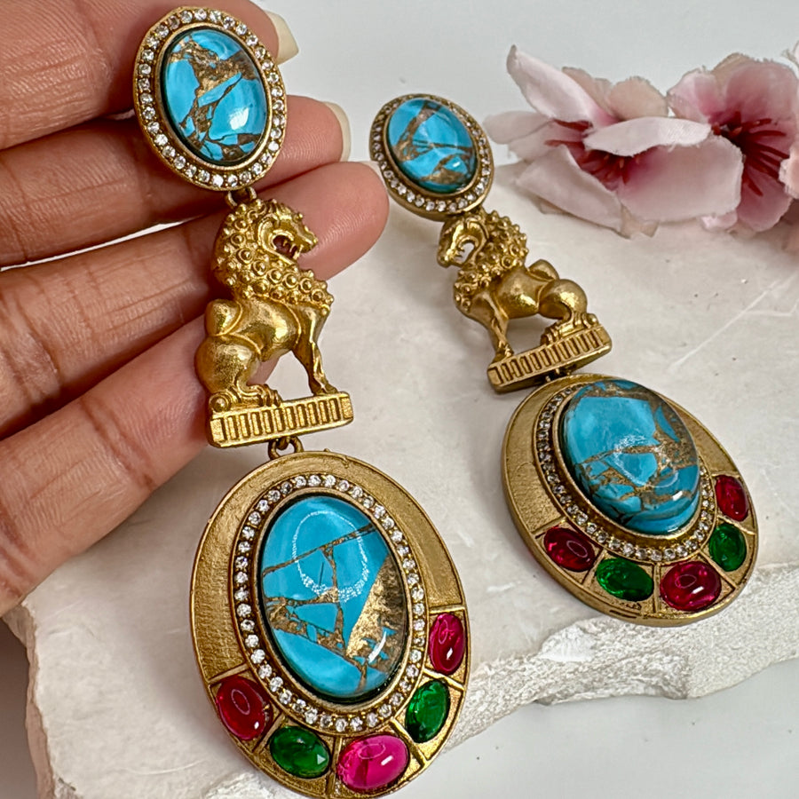 Turquoise Multi Marble Stone Lightweight Silver Lookalike Gold Earrings