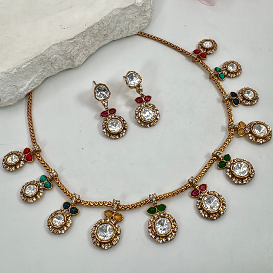 Multi Jadau Moissanite Dainty Necklace Set