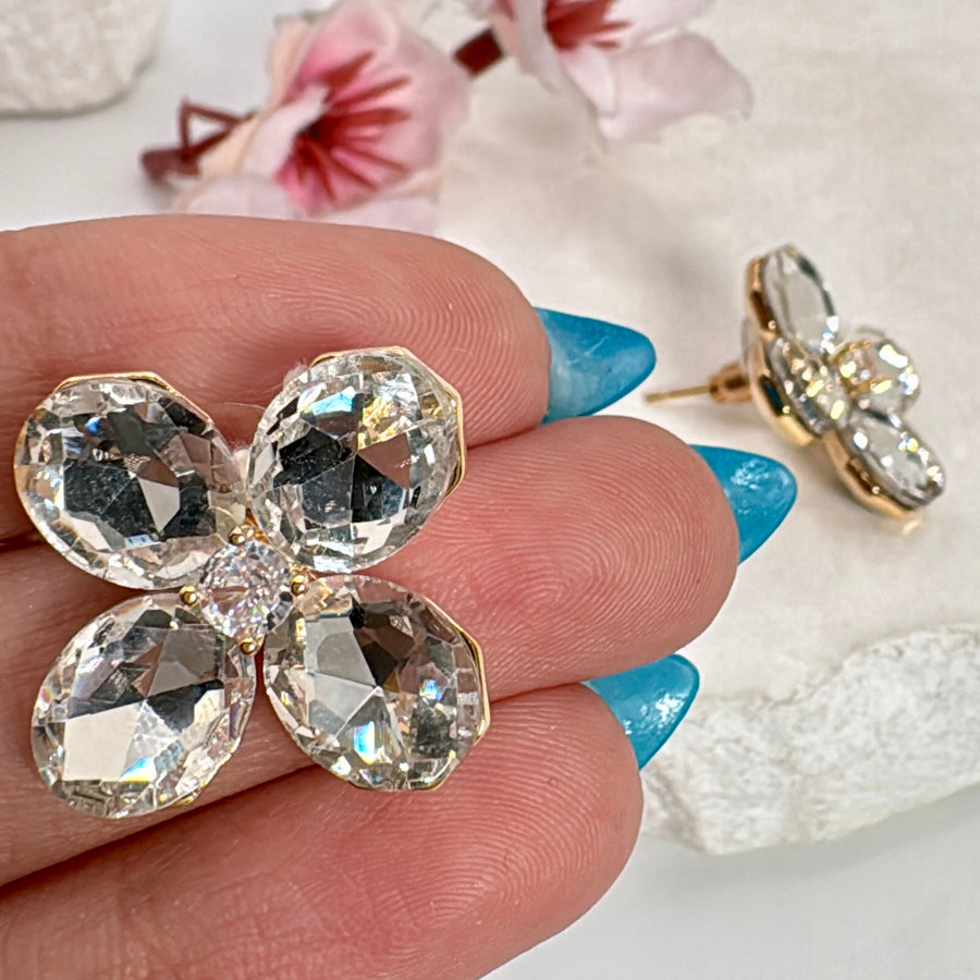 Clear with Gold Swarovski Crystals Dainty Flower Stud Earrings