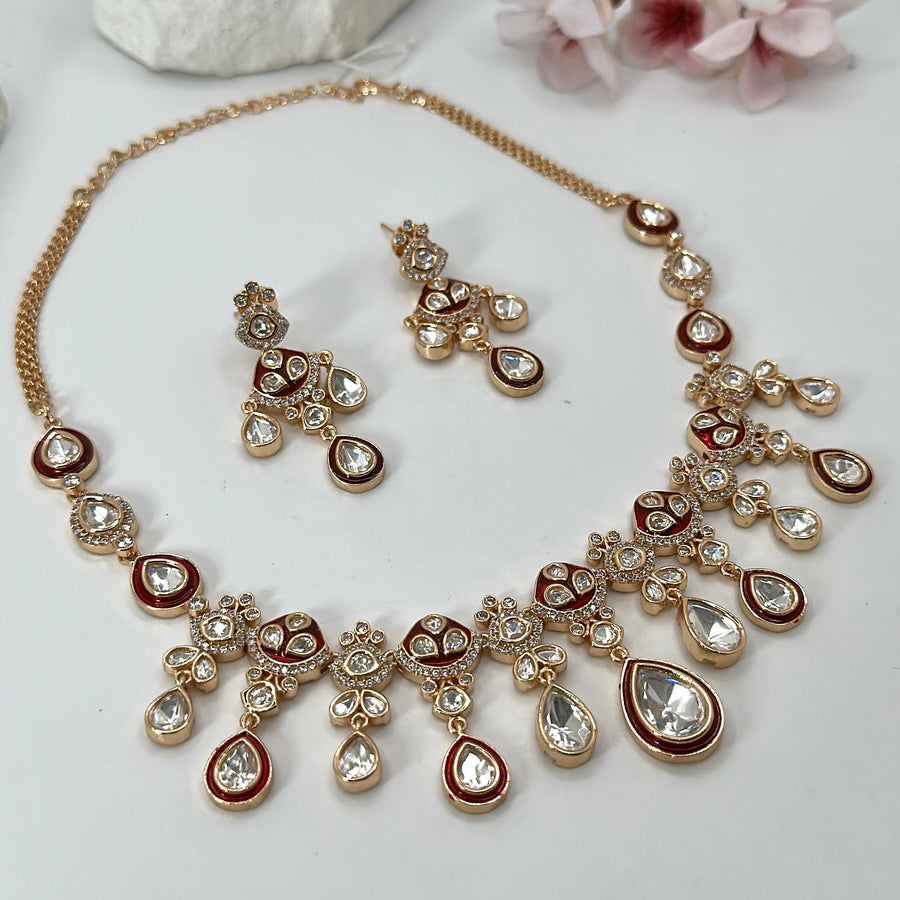 Red Meenakari Jadau Polki Kundan Dainty Necklace Set