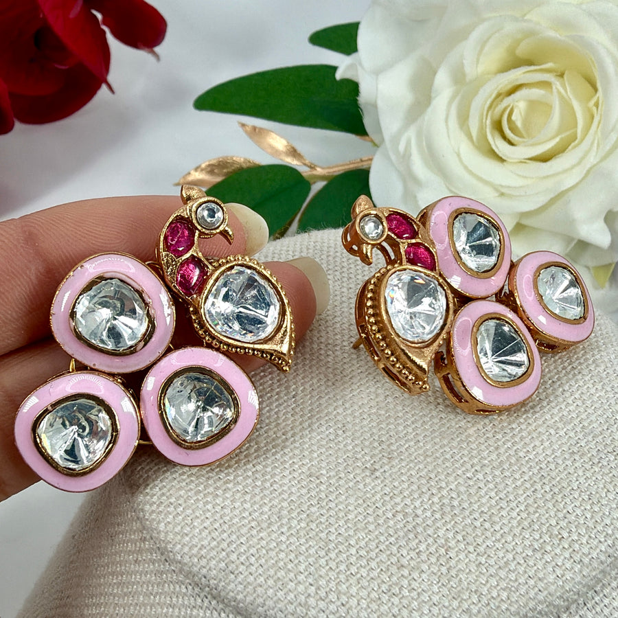 Pink Meenakari Enamel Moissanite Peacock Stud Earrings