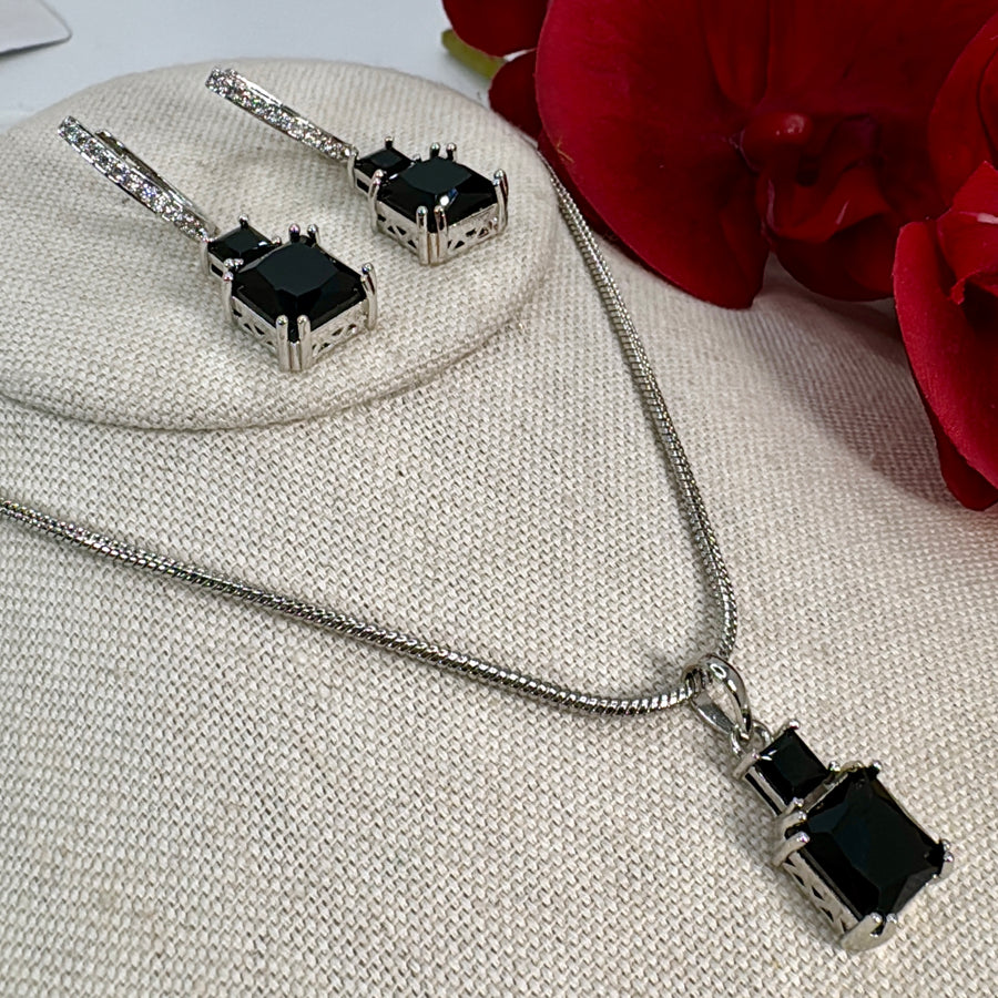 Black Cubic Zirconia Rhodium Polish Pendant Necklace Set