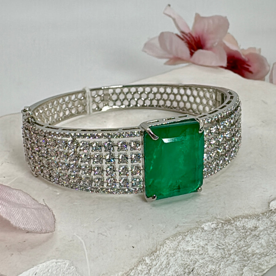 Green Doublet & American Diamonds Cubic Zirconia Openable Bangle(Fits Size 2.2-2.6)