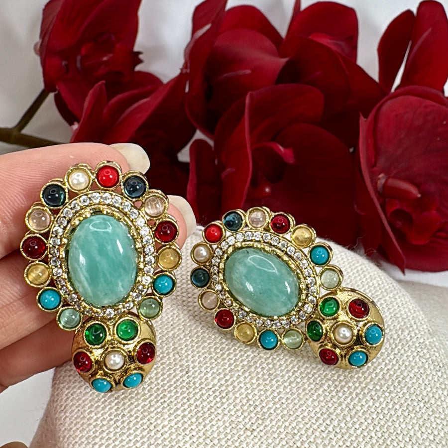 Turquoise Multi Marble Stone Stud Earrings