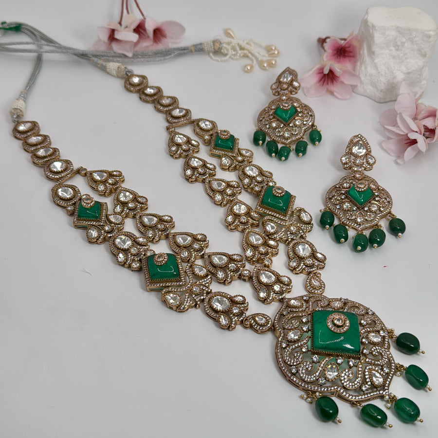 Green Doublet & Moissanite Two Layers Statement Necklace Set