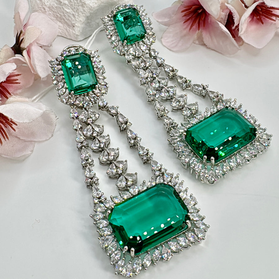 Teal American Diamonds CZ Statement Cocktail Earrings